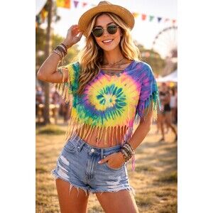 Vintage Womens Tie Dye T Shirt 90s Fringed Cropped Festival Hippie Rainbow Boho